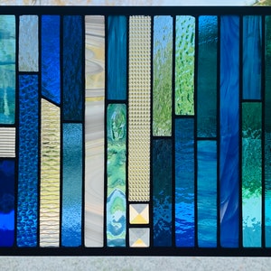 HoneyDewGlass Blue Strips Stained Glass Panel 10.5 X 23 image 3