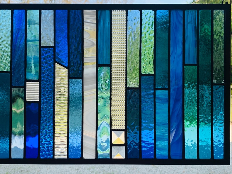 HoneyDewGlass Blue Strips Stained Glass Panel 10.5 X 23 image 3