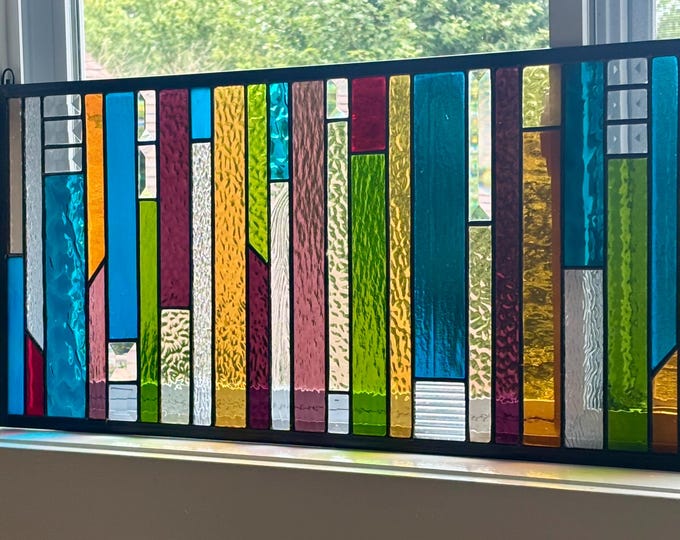 Multicolor Stained Glass Window Panel with Vertical Strip Design & Clear Bevels – Honey Dew Glass 12.75” x 30”