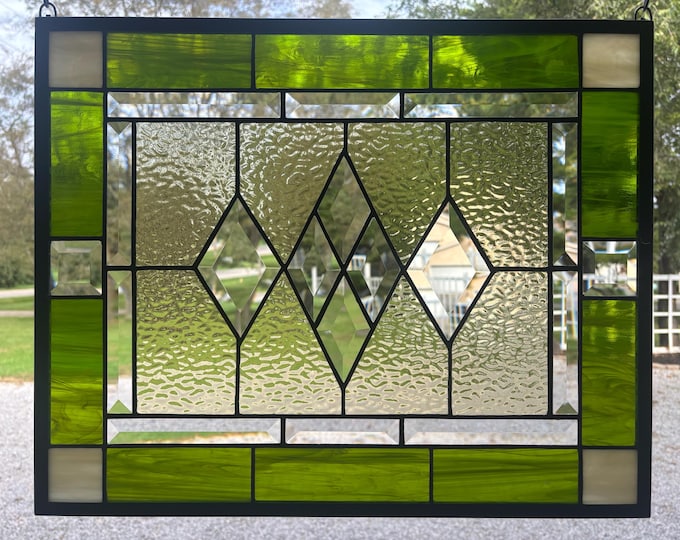 Moss Green and Ivory Stained Glass Window Panel with Flaxen English Muffle and Clear Bevels – Honey Dew Glass 16.75” x 20.75”