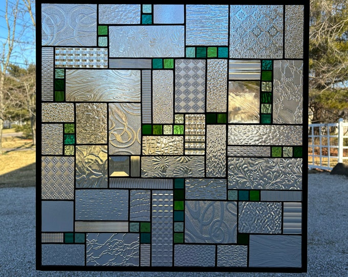 HoneyDewGlass Large Geometric Stained Glass Panel with Green Accents  24.75" x 24.75"