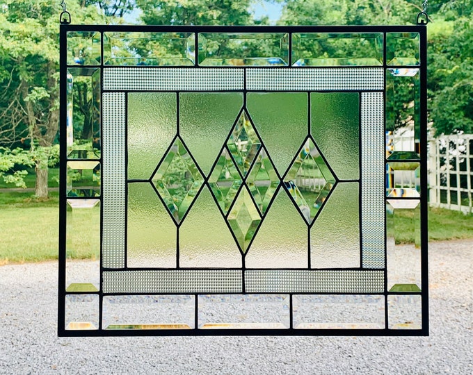 HoneyDewGlass Diamond Stained Glass Window Panel with Satin Glass, 16.5" X 19.5"