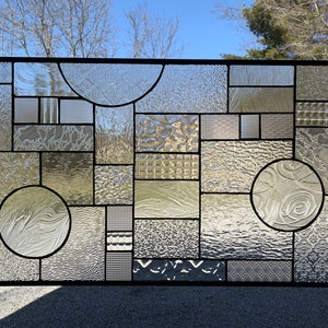 HoneyDewGlass Geometric Clear Stained Glass Panel with Circles, 17" X 30"