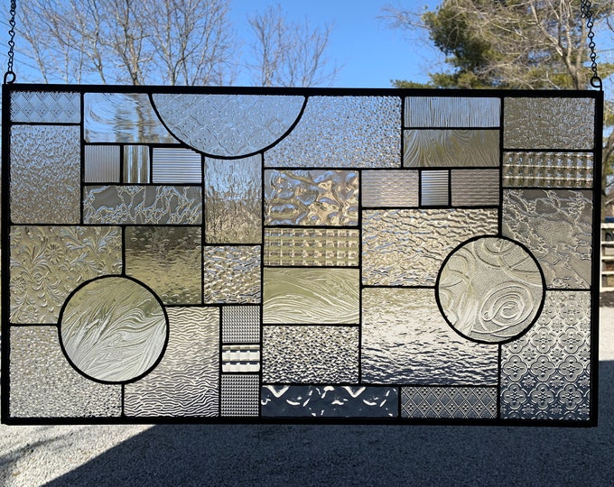 HoneyDewGlass Geometric Clear Stained Glass Panel with Circles, 17" X 30"