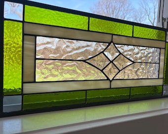 Chartreuse Green Beveled Glass Panel | 9.5" x 21.5" | Handmade Stained Glass Window | Honey Dew Glass | Tiffany Copper Foil