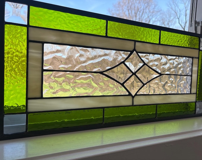 Chartreuse Green Beveled Glass Panel | 9.5" x 21.5" | Handmade Stained Glass Window | Honey Dew Glass | Tiffany Copper Foil