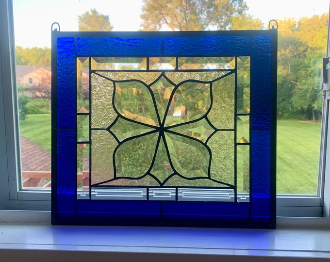 HoneyDewGlass Square Royal Blue Flower Cluster Stained Glass Panel with Bevels, 13.5"H X 15.5"W