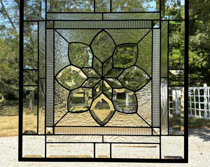 HoneyDewGlass Square Clear Flower Cluster Stained Glass Panel with Bevels, 19.75" X 19.75"