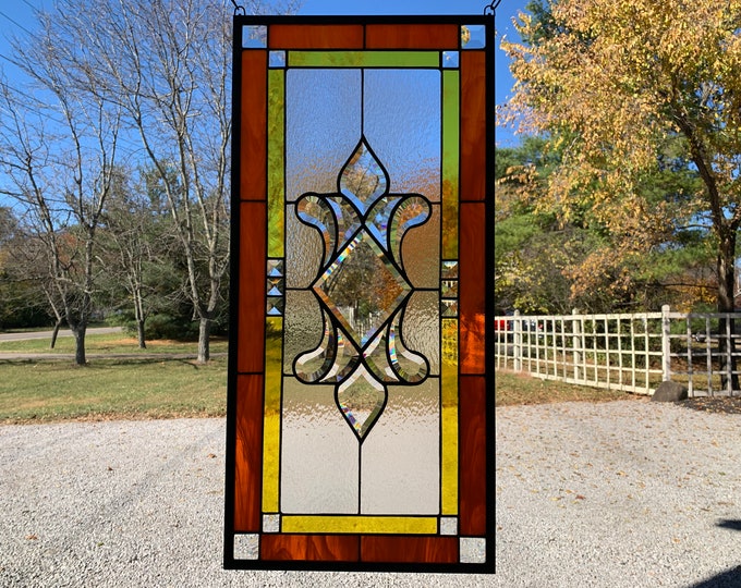 HoneyDewGlass Orange and Yellow Grosse Pointe Stained Glass Panel, 13.75" X 28.75”