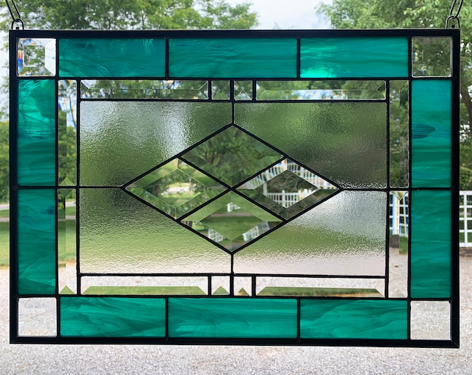 HoneyDewGlass Wispy Teal Diamond  Stained Glass Panel