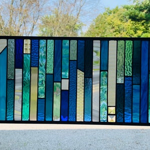 HoneyDewGlass Blue Strips Stained Glass Panel 10.5 X 23 image 7