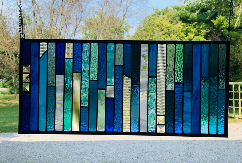 HoneyDewGlass Blue Strips Stained Glass Panel 10.5 X 23 image 7