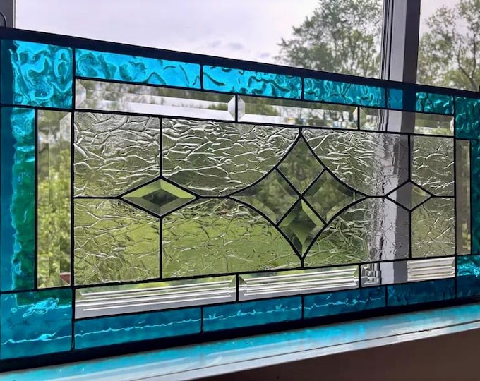 HoneyDewGlass Caribbean Sea Blue Stained Glass Panel , 11.75" X 30.75"