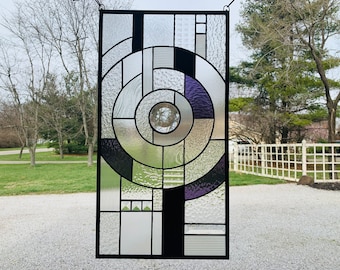 Purple and Black Geometric Stained Glass Window Panel with Clear Textured Glass – Honey Dew Glass 12.5” x 23.4”