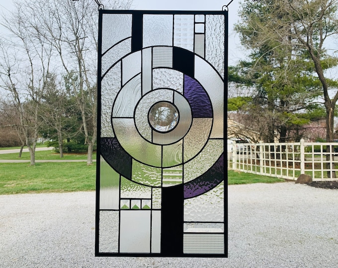 HoneyDewGlass Purple and Black Circles Contemporary Stained Glass Panel, 12.5” x 23.5”,
