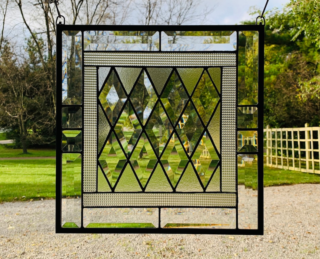 Beveled Diamond Stained Glass Panel | Cross Reed and Satin Glass | 13.5 ...