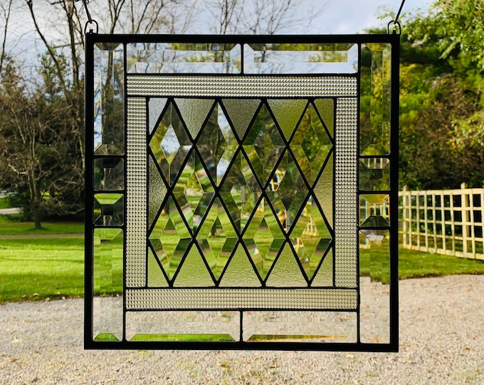 HoneyDewglass All Diamond Stained Glass Panel with Satin Glass, 13.5" X 13.5"