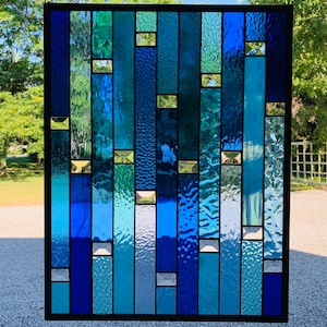 HoneyDewGlass Geometric Blue Strips Stained Glass Panel with Bevel Accents, 17.75"W X22.75"H,