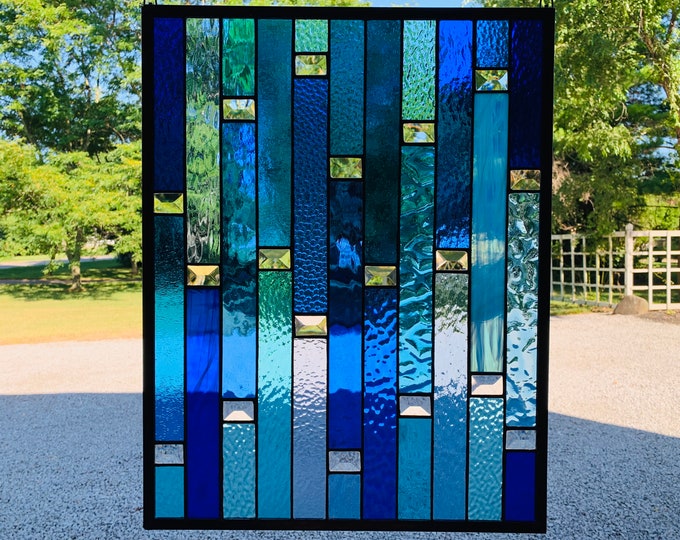 HoneyDewGlass Geometric Blue Strips Stained Glass Panel with Bevel Accents, 17.75"W X22.75"H,