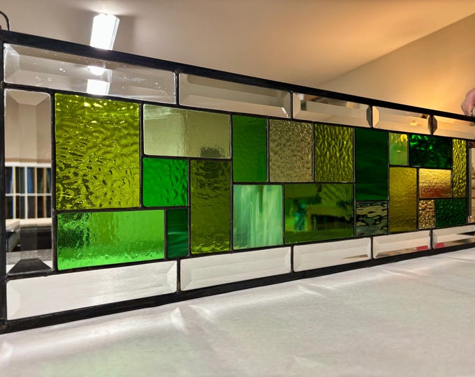 Honey Dew Glass Green Tone Geometric Panel 9.5” x 30.5”