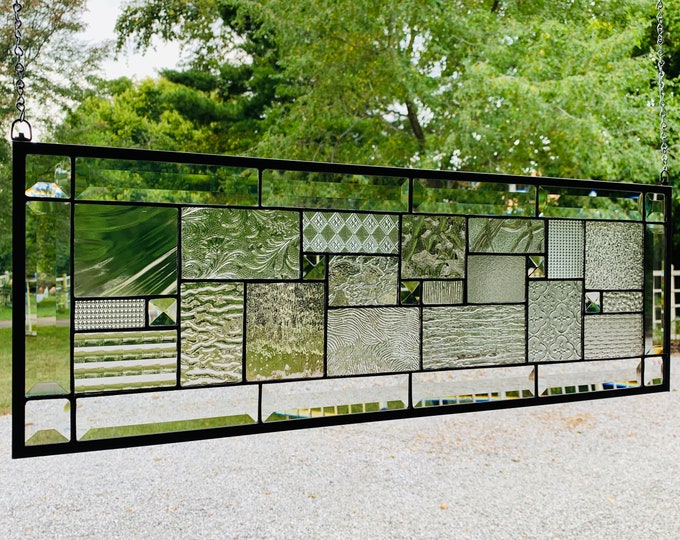HoneyDewGlass Clear Geometric Stained Glass Panel with Bevels, 9.5" X 27.5"