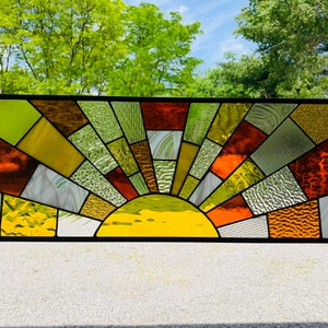 HoneyDewGlass Amber and Orange Stained Glass Sunset Panel, 10.5"x26.5"