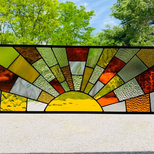 HoneyDewGlass Amber and Orange Stained Glass Sunset Panel, 10.5"x26.5"