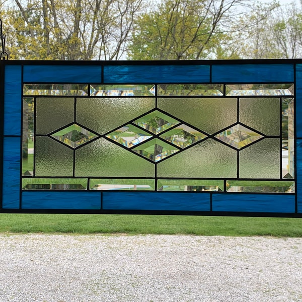 HoneyDewGlass Dark Aqua Diamond Stained Glass Panel, 11.5" X 23.5"