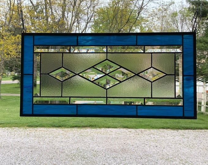 HoneyDewGlass Dark Aqua Diamond Stained Glass Panel, 11.5" X 23.5"