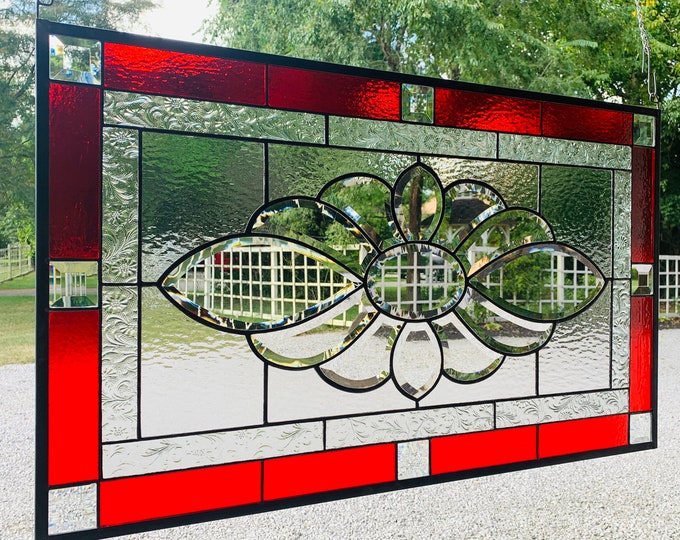 HoneyDewGlass Large Ruby Red Bevel Cluster Stained Glass Panel with Bevels, 21" X 35"