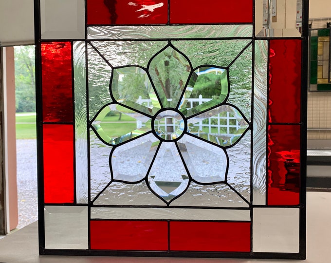 HoneyDewGlass Square Cherry Red Flower Cluster Stained Glass Panel with Bevels, 16.5" X 16.5"