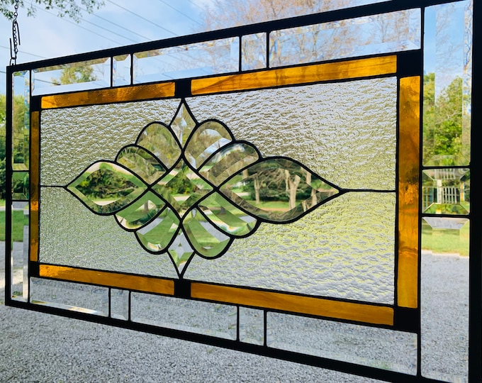 HoneyDewGlass Large Amber and Black Stained Glass Window Panel, 16.75" X 28.75"