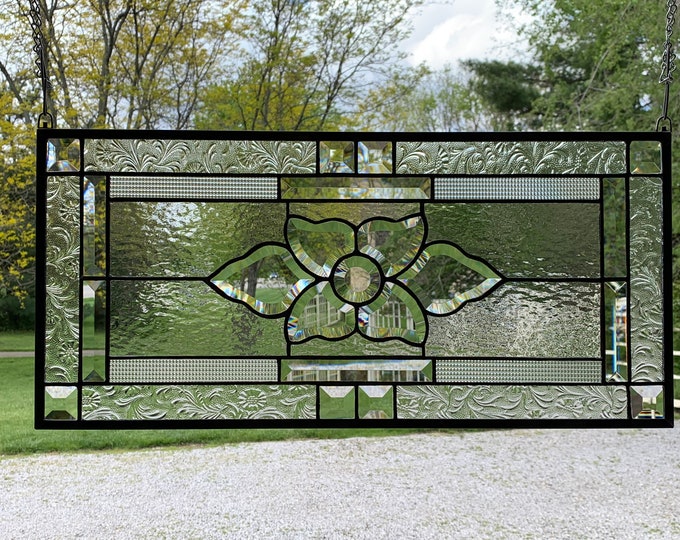 HoneyDewGlass Clear Floral Stained Glass Panel with Bevels, 11.5" X 24.5"