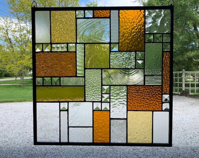 HoneyDewGlass Amber and Clear Mission Stained glass Panel, 16.5" X 16.5"