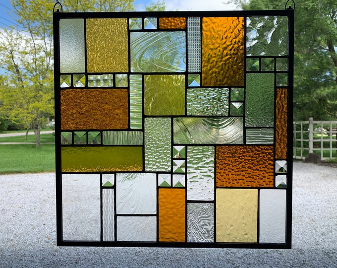 HoneyDewGlass Amber and Clear Mission Stained glass Panel, 16.5" X 16.5"