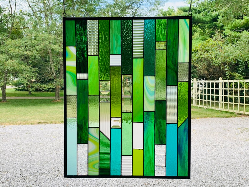 Honeydewglass Large Green Geometric Stained Glass Panel - Etsy