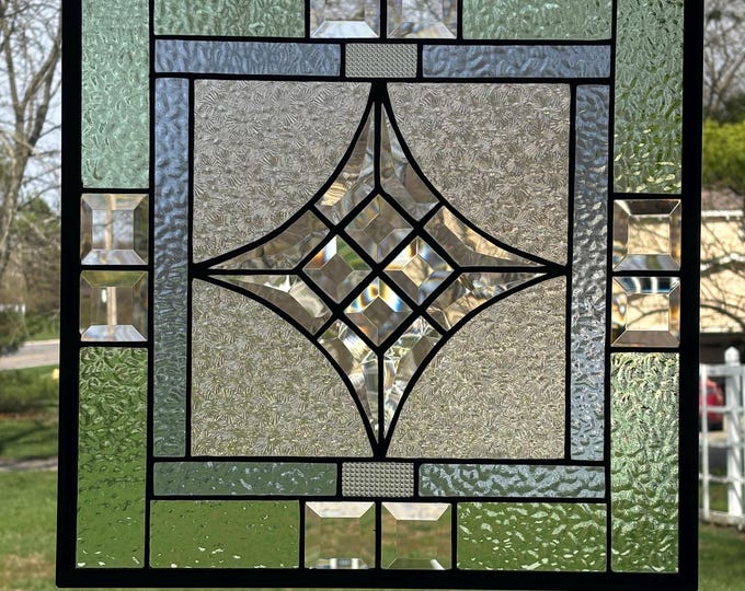 Geometric Stained Glass Panel, Pastel Blue Green Bevel Cluster, Honey Dew Glass (16.5" X 16.5")