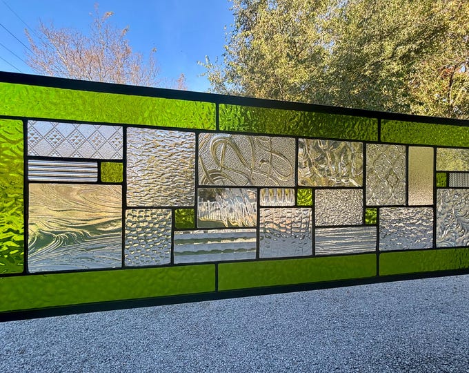 Chartreuse Green Geometric Stained Glass Panel | Clear Textured Glass, English Muffle Border (9.5” x 27.5)