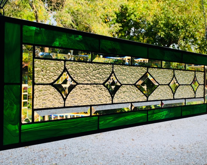 HoneyDewGlass Emerald Green and Granite Stained Glass Panel, 9.5" X 35.5”
