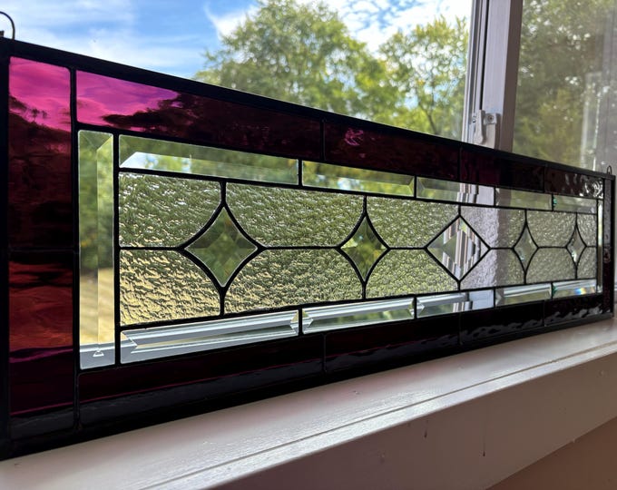 HoneyDewGlass Dark Purple and Granite Stained Glass Panel, 9.5" X 35.5”
