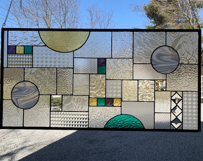 HoneyDewGlass Large Gold, Green, Purple Textured Stained Glass Panel, 18.5" X 36.5",