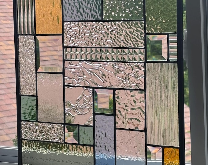 Pastel Geometric Stained Glass Panel with Textured Clear Glass | 16.5" x 16.5" | Honey Dew Glass