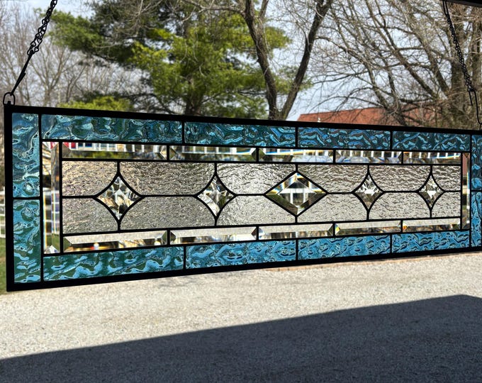 Blue Flemish Stained Glass Panel, Clear Corsica Bevel Accents | Honey Dew Glass (9.5" x 35.5")