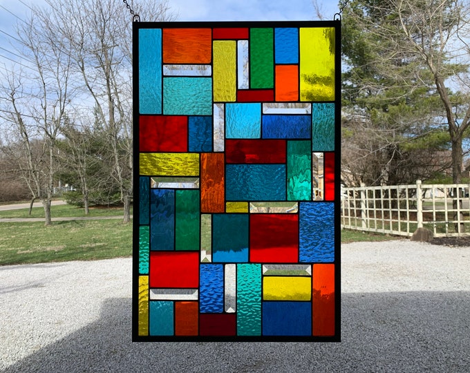 HoneyDewGlass Geometric Jewel Tone Stained Glass  Panel, 16.5" X 25.5"