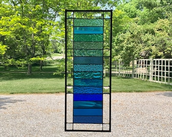 HoneyDewGlass Shades of Blue Stained Glass Panel, 9 1/2" X 24 1/2"