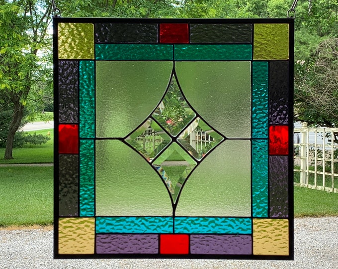 HoneyDewGlass Jewel Tone Diamond Stained Glass Panel with Bevels, 16.5" X 16.5", Purple, Red. Amber, Turquoise,