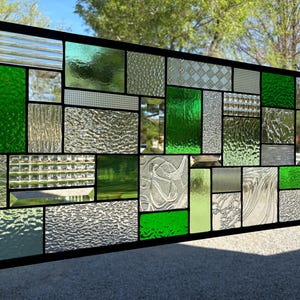 HoneyDewGlass Emerald Green and Clear Mission Stained Glass Panel, 13.75&quot; x 31.75&quot;
