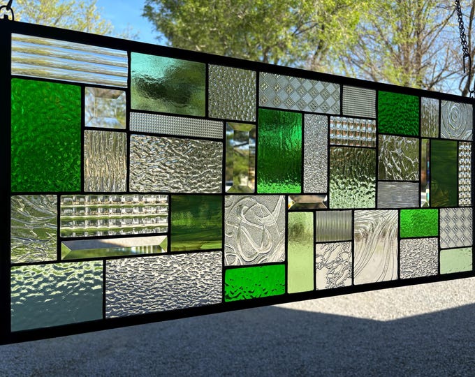 HoneyDewGlass Emerald Green and Clear Mission Stained Glass Panel, 13.75" x 31.75"