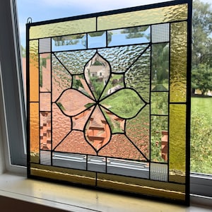HoneyDewGlass Square Gold Flower Cluster Stained Glass Panel with Bevels, 16.5&quot; X 16.5&quot;