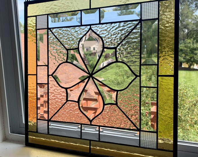 HoneyDewGlass Square Gold Flower Cluster Stained Glass Panel with Bevels, 16.5" X 16.5"